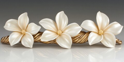 Canvas Print - Three White Sculpted Blossoms with Gold Stem on White, Intricate Details, Macro Photography