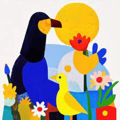 Aufkleber - vibrant abstract illustration features large bird and smaller yellow bird surrounded by colorful flowers and bright sun, evoking playful and cheerful atmosphere