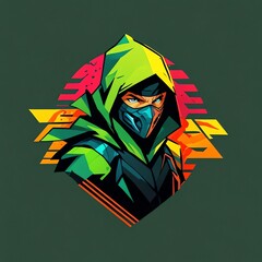 Sticker - Neon Ninja: A vibrant digital art of a hooded ninja warrior, showcasing dynamic colors and sharp lines, evoking a sense of action and mystery.