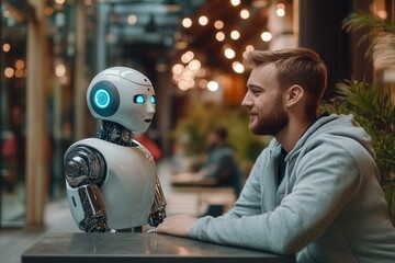 Poster - Man talking with robotic ai. chat bot ai. Artificial Intelligence conversation .