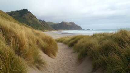 Poster - A narrow sandy path leading to a secluded beach, surrounded by tall dune grasses