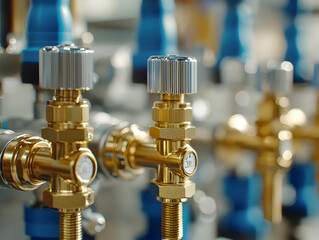 Poster - Brass valves, industrial setting, close-up