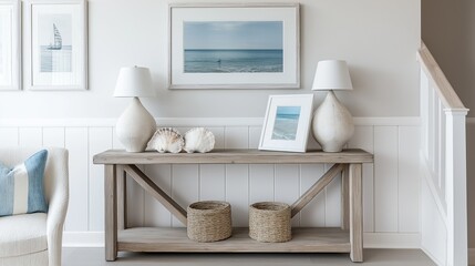Poster - A nautical-style entryway with a driftwood console table, seashell accents