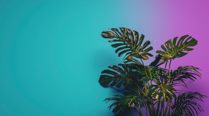 Canvas Print - Tropical Plant with Green Leaves Against a Blue and Purple Gradient Background