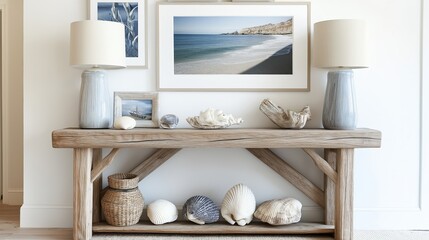 Poster - A nautical-style entryway with a driftwood console table, seashell accents