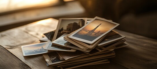 Travel destinations and landmarks arranged on a table background, perfect for the travel industry