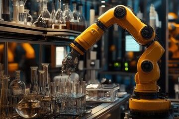 Wall Mural - Laboratory with advanced robotic arms performing intricate experiments, showcasing technological advancement .