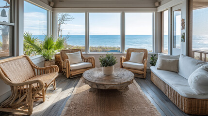 Wall Mural - A relaxing sunroom with panoramic ocean views, driftwood furniture, and woven rugs