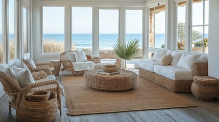 Poster - A relaxing sunroom with panoramic ocean views, driftwood furniture, and woven rugs