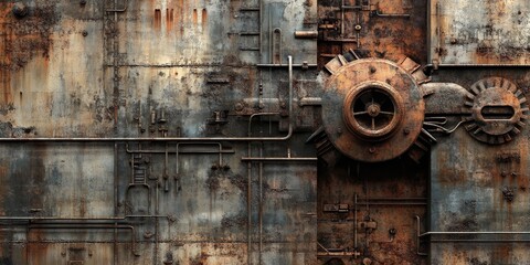 Fototapete - abstract scene where metal textures create a layered and industrial background, incorporating elements like brushed steel and rusted surfaces to evoke a sense of mechanic