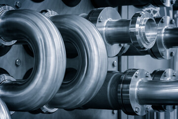 Aufkleber - A close up of a group of metal pipes as industrial background. pipes are silver and have a shiny appearance. Concept of industrial Chemical pharmaceutical device