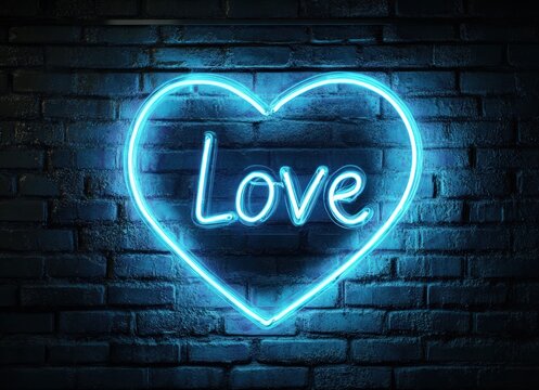 A glowing neon heart with the word 