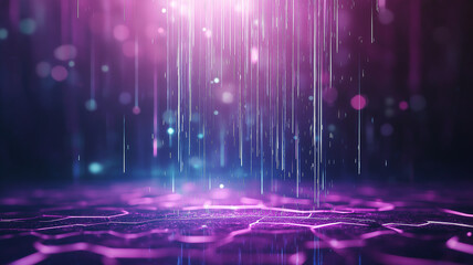 Wall Mural - Abstract purple background with digital glitch effect, featuring cascading light and hexagonal patterns. This vibrant scene evokes sense of depth and movement