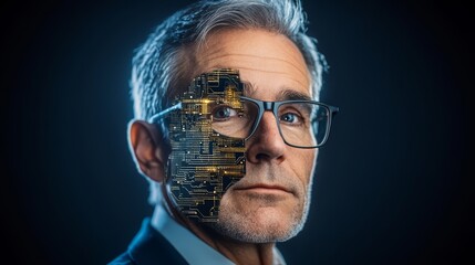 Poster - Man with a face made of computer chips and glasses. The man is wearing a suit and tie