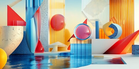 Poster - abstract scene where 3D illusions are incorporated into a refined composition, blending various shapes and colors to create a modern and engaging visual effect