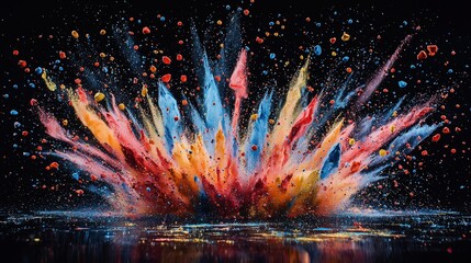 Poster - Vibrant Explosion of Colored Powder Against a Black Background with Dynamic Splashes and Flying Particles