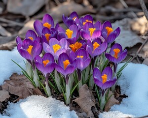 Canvas Print - Purple Crocus Flowers Bloom Through Melting Snow, Sign of Spring s Arrival and Renewal