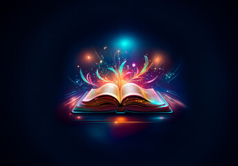 Leinwandbilder - An open book glows with vibrant, colorful light emanating from its pages against a dark backdrop, creating a magical and ethereal atmosphere.