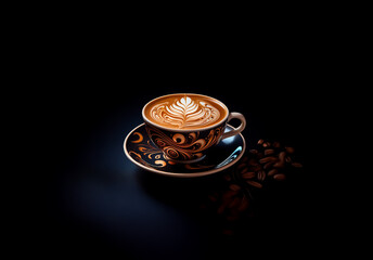 Poster - A cup of coffee with decorative latte art in a patterned cup and saucer on a dark surface with scattered coffee beans.