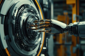 Poster - close up of modern factory machinery with robotic hand .