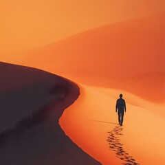 Poster - Solitary Figure Walking on Desert Sand Dune at Sunset Horizon Light