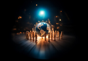 Poster - Global community connected. Networked world with figures encircling earth. Illuminated sphere symbolizes unity and worldwide connection.