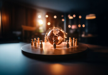 Fototapete - Glowing globe encircled by wooden figures on a round platform, symbolizing global collaboration and unity in a softly lit environment.