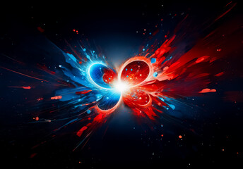 Poster - Dynamic abstract explosion of vibrant red and blue energy against a deep dark background. A central bright light source creates colorful splatters.
