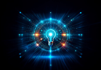 Fototapete - A glowing lightbulb is centered in a futuristic digital design with radiating beams of light. It evokes ideas of innovation and technological advancement against a dark backdrop.