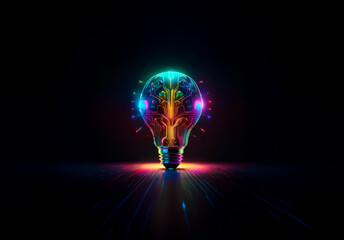 Poster - A vibrant lightbulb with a brain inside glows in neon hues of blue, pink, yellow, and green. The bulb shines brightly against a stark black backdrop, illuminating the concept of ideas.