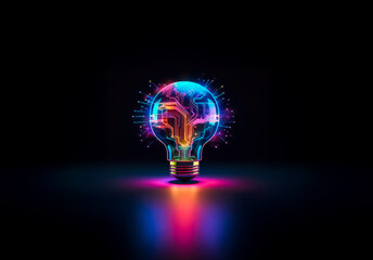 Fototapete - Glowing lightbulb with circuit board design on a dark background. Neon colors illuminate the intricate pattern, suggesting innovation and technology.
