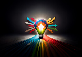 Aufkleber - A vibrant light bulb with a leaf-flame design radiates light, attracting colorful arrows from all directions on a dark stage, symbolizing innovation and ideas.