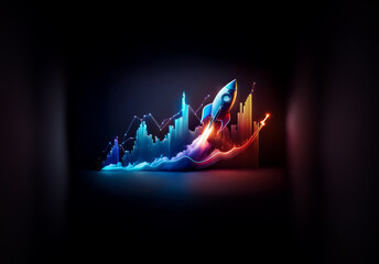 Leinwandbilder - Rocket launching with vibrant colors against a dark backdrop, symbolizing growth and upward trajectory with a financial graph.