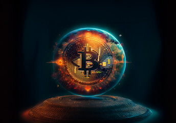 Poster - Digital bitcoin symbol inside a glowing sphere, displayed on a pedestal against a dark background, representing digital finance and technology.