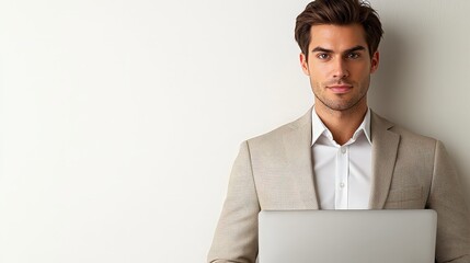Poster - Confident Male Entrepreneur Analyzing Business Report with Laptop in Modern Office Environment