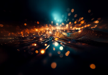 Aufkleber - Golden bokeh lights burst and spread across a dark glossy surface with blue undertones. The abstract effect creates dynamic movement and energy in a blurred artistic scene.
