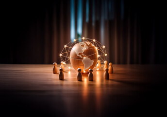 Poster - Wooden globe at center encircled by figures. Glowing network of light connects them, symbolizing global connection and communication worldwide.