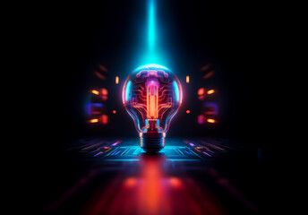 Fototapete - A glowing light bulb with a circuit board inside, illuminated with vibrant neon blue, red, and orange lights. Futuristic and technological theme with dark background and circuit patterns.