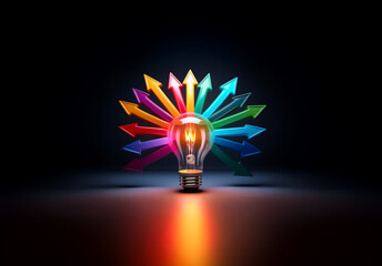 Poster - An illuminated lightbulb emits light, surrounded by vibrant colorful arrows pointing outwards on a dark backdrop, symbolizing idea expansion and diverse directions.