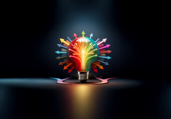 Aufkleber - A vibrant lightbulb emits bright rays surrounded by colorful arrows on a dark reflective surface, symbolizing diverse ideas and directions.