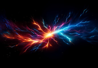 Fototapete - Vibrant streams of fiery red and cool blue energy collide in a dynamic burst against a dark backdrop, creating a powerful visual contrast.