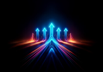 Poster - Luminous blue arrows with fiery orange trails rise upwards on a black background, illustrating direction, growth and momentum.