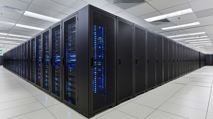 Poster - Contemporary Data Center Rack Filled with Server Units and Network Equipment in Busy Technology Environment