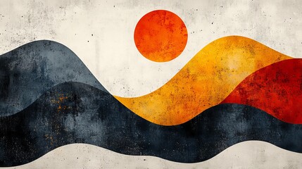 Poster - Abstract Landscape with Wavy Hills and a Solitary Sun, A Minimalist Textured Composition