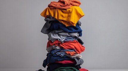 Poster - Pile of clothes is stacked on top of each other. The clothes are of different colors and styles, and they appear to be disorganized. Concept of chaos and disorder, as if someone has been in a rush