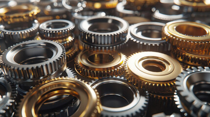 Poster - Gears in various metallic colors, showcasing intricate designs and textures, create visually striking industrial background. combination of silver and gold tones adds depth and interest