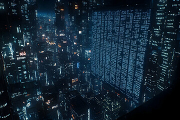 Poster - Night city skyline, data wall, futuristic background, tech concept
