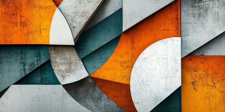 a visually captivating abstract image with bold geometric patterns that interlock and contrast, incorporating a range of textures and shades to evoke a sense of movement