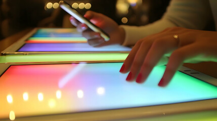 Poster - Woman using tablet, phone, cafe, colorful lights, technology use