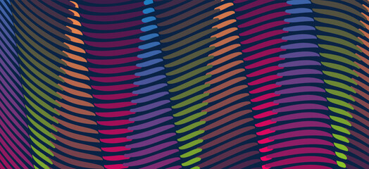 Poster - Vibrant curved shapes pattern with multicolor gradient. A striking abstract design featuring curved. Overlapping lines in a dynamic colorful gradient.